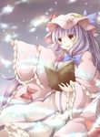  book brown_eyes crescent hair_ribbon hat highres long_hair open_mouth patchouli_knowledge purple_hair ribbon solo tamichan touhou 