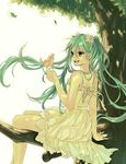  absurdres bad_id bad_pixiv_id bird dress flower green_eyes green_hair hair_flower hair_ornament hatsune_miku highres in_tree long_hair open_mouth run_(sweettimehappy) sitting sitting_in_tree solo tree twintails vocaloid 