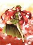  absurdres bad_id bad_pixiv_id blue_eyes braid breasts dress hat highres hong_meiling large_breasts lips long_hair metricmaile red_hair smile solo standing standing_on_one_leg star touhou twin_braids vest 