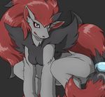  breasts crouching female fur grey_fur hair long_hair looking_at_viewer nintendo plain_background pok&#233;mon pok&eacute;mon red_hair solo video_games zerofox1000 zoroark 