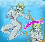  1girl bangs barefoot bikini bikini_slip blonde_hair breasts brown_eyes embarrassed english eyes_closed fairy_tail grimphantom hairband inset large_breasts lucy_heartfilia navel nipples nude ocean open_mouth pussy sea shocked solo swimming swimsuit tattoo uncensored underwater water wet 
