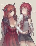  ? anger_vein arms_behind_back blush bow bowtie braid breast_envy breasts choker cleavage clenched_hand crossover fur_trim hataraku_maou-sama! horns large_breasts long_hair looking_at_another maou_(maoyuu) maoyuu_maou_yuusha multiple_girls pencil_skirt plaid plaid_skirt red_eyes red_hair side_braid simple_background skirt smile vest walzrj yellow_eyes yusa_emi 