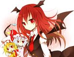  :o bat_wings blonde_hair blue_hair blush detached_wings fang flandre_scarlet hat head_wings koakuma light_smile long_hair long_sleeves multiple_girls nayu_(rhododendron) necktie open_mouth red_eyes red_hair red_neckwear remilia_scarlet short_hair short_sleeves touhou wings 