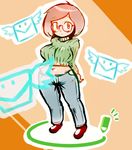  1girl belly blush bob_cut breasts brown_hair denim glasses green_shirt jeans large_breasts midriff navel nikki_(swapnote) nyoronde pants ribbed_sweater shirt short_hair solo standing swapnote sweater 