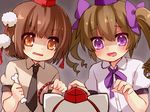  animal_ears bad_id bad_pixiv_id bone bow brown_eyes brown_hair collar commentary hair_bow hat himekaidou_hatate inubashiri_momiji multiple_girls open_mouth outstretched_arms outstretched_hand pom_pom_(clothes) puffy_sleeves purple_eyes revision sawatari_(sado) shaded_face shameimaru_aya shirt short_sleeves silver_hair smile tokin_hat touhou twintails wolf_ears you_gonna_get_raped 
