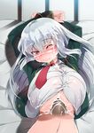  1girl arms_up blush breasts cum cum_explosion cum_on_clothes ejaculation huge_breasts long_hair lying ndotti1 necktie on_back paizuri paizuri_under_clothes penis penis_under_clothes red_eyes silver_hair wink 