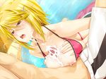  1boy 1girl areolae bikini blonde_hair blush breast_squeeze breasts censored classy_cranberry&#039;s classy_cranberry's cum cum_on_body cum_on_breasts cum_on_upper_body facial game_cg hair_ornament hairclip happoubi_jin highres kujou_tsubasa large_breasts looking_up nipples open_mouth paizuri penis pink_eyes pool short_hair sitting sweat swimsuit water 