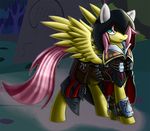  ambiguous_gender armor assassin&#039;s_creed assassin's_creed clothing cyan_eyes edit equine feathers female feral fluttershy_(mlp) forest friendship_is_magic fur hair hair_over_eye holsternicholson hood horse long_hair looking_at_viewer mammal my_little_pony night outside parody pegasus pink_hair pony solo tree video_games weapon wings yellow_fur 