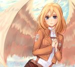  angel_wings blonde_hair blue_eyes christa_renz emblem hair_between_eyes long_hair nemuri_miyako open_mouth paradis_military_uniform shingeki_no_kyojin solo training_corps_(emblem) wings 