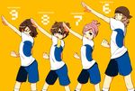  3boys armband blue_eyes brown_hair character_name closed_eyes earth_eleven inazuma_eleven_(series) inazuma_eleven_go inazuma_eleven_go_galaxy kusaka_ryuuji matsukaze_tenma multiple_boys nano_(lanthan00) nozaki_sakura one_eye_closed open_mouth pink_hair shindou_takuto simple_background soccer_uniform sportswear uniform_number yellow_background 