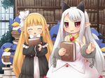  &gt;_&lt; :d ^_^ bad_id bad_pixiv_id bat_wings black_capelet black_sclera blonde_hair blush book bookshelf capelet closed_eyes cuffs demon_girl disgaea dress fang holding holding_book horns jewelry ladder long_hair looking_at_viewer mage_(disgaea) mizuno_mumomo multiple_girls open_mouth phantom_kingdom pointy_ears pram prinny red_eyes smile white_hair window wings 