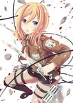  blonde_hair blood blue_eyes blush christa_renz debris emblem highres jacket looking_at_viewer mizunashi_kenichi open_mouth paradis_military_uniform shingeki_no_kyojin short_hair solo sword thigh_strap three-dimensional_maneuver_gear training_corps_(emblem) weapon 