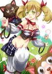  :3 :d aranya_(atelier) arm_garter atelier_(series) atelier_rorona bad_id bad_pixiv_id bangs bare_shoulders bell black_cat blonde_hair blush bow bracelet breasts buttons camisole cat checkered cleavage collarbone corset crop_top cross-laced_clothes detached_sleeves facial_mark fang fang_out flower forehead_mark frills fringe_trim grass green_eyes grey_eyes groin hair_ribbon half-closed_eyes highres horoholo_(atelier) jewelry jingle_bell leaning leg_up lionela_heinze looking_at_viewer medium_breasts midriff navel open_mouth outdoors outstretched_arms pants puffy_sleeves ribbon ribbon_trim rope scarf short_hair short_twintails smile spread_arms striped tail tail_bow thachtruong twintails underbust vertical_stripes white_sleeves 