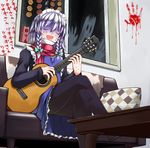  alternate_costume black_legwear blood blood_stain braid character_name closed_eyes cosplay couch crossed_legs ghost guitar hair_ribbon hand_print instrument iwanori izayoi_sakuya izayoi_sakuya_(cosplay) long_sleeves maid_headdress music open_mouth pale_face pantyhose pillow playing_instrument red_scarf ribbon scarf short_hair silver_hair sitting smile solo surgical_mask sweat table touhou tsukigi_(cosplayer) twin_braids window 