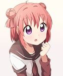  :o ahoge akaza_akari double_bun nanamori_school_uniform purple_eyes red_hair school_uniform serafuku short_hair solo tata_(tataice) yuru_yuri 