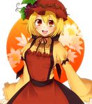  aki_minoriko apron autumn_leaves blonde_hair dress food fruit grapes hat leaf lgw7 open_mouth orange_eyes short_hair touhou 