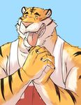  anthro biceps big_muscles blue_background claws clothed clothing feline fur male mammal muscles open_mouth paws plain_background shirt solo tank_top the_farewelled tiger tongue tongue_out 