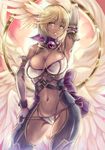  arm_behind_head armpits bare_shoulders blonde_hair breasts cleavage dark_skin elbow_gloves gloves grin head_wings large_breasts lilith_(shinrabanshou) multiple_wings navel pointy_ears shinrabanshou shouma_(bravespiritya) slit_pupils smile solo white_gloves white_wings wings yellow_eyes 