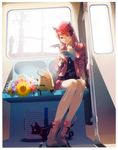  absurdres book boots cat demon_wings earrings flower hair_ribbon highres horns huge_filesize jewelry long_hair original reading red_eyes red_hair ribbon rolling_suitcase sitting skirt smile solo train_interior vofan wings 