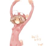  akiyama_yukari anglerfish_costume artist_name blush bodysuit brown_eyes brown_hair covered_navel dancing fish_costume girls_und_panzer hat kashizu_ringo md5_mismatch pink_bodysuit short_hair solo tail 