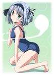  barefoot black_hairband blush clenched_hand green_eyes hair_ribbon hairband hand_on_own_chest hitodama kneeling konpaku_youmu konpaku_youmu_(ghost) looking_at_viewer nori_tamago one-piece_swimsuit open_mouth ribbon school_swimsuit short_hair side_ponytail silver_hair solo swimsuit touhou 