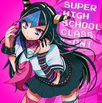  belt danganronpa english jewelry lgw7 lip_piercing long_hair looking_at_viewer mioda_ibuki mismatched_legwear multicolored multicolored_eyes multicolored_hair nail_polish necklace piercing ring school_uniform serafuku solo super_danganronpa_2 zoom_layer 