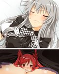  3: @_@ ahoge between_breasts blush bra breasts checkered closed_eyes cthugha_(nyaruko-san) drooling haiyore!_nyaruko-san long_hair medium_breasts minigirl multiple_girls nyarlathotep_(nyaruko-san) person_between_breasts purple_bra red_eyes red_hair silver_hair sweatdrop twintails underwear yuri yuto_(dialique) 