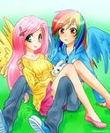  angel_(my_little_pony) aqua_eyes bangs blush breasts bunny denim dress english flats fluttershy glass hair_ornament hairclip holding jeans long_hair looking_at_viewer medium_breasts multicolored multicolored_hair multiple_girls my_little_pony my_little_pony_friendship_is_magic orange_eyes pants personification pinafore_dress pink_hair pink_skirt racoon-kun rainbow_dash rainbow_hair shoes sitting skirt smirk sneakers swept_bangs tareme wings 