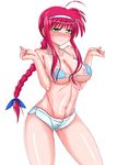  amitie_florian bikini_top blush braid breasts cleavage full-face_blush green_eyes hair_ribbon hairband highres large_breasts long_hair lyrical_nanoha mahou_shoujo_lyrical_nanoha mahou_shoujo_lyrical_nanoha_a's mahou_shoujo_lyrical_nanoha_a's_portable:_the_gears_of_destiny mitsurugi_tsurugi naughty_face red_hair ribbon short_shorts shorts single_braid smile solo 