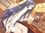  1girl alcohol bar beer blue_hair blush bottle breasts brown_hair chair classy_cranberry&#039;s classy_cranberry's cup drink food formal game_cg happoubi_jin headband highres large_breasts legs legs_crossed long_hair oze_kyouka purple_eyes serious short_hair sideboob sitting skirt suit 