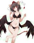  animal_ears barefoot bikini black_bikini black_hair black_wings blush brown_hair cat_ears cat_tail contrapposto expressionless front-tie_top hat head_tilt kemonomimi_mode looking_at_viewer low_wings navel pom_pom_(clothes) red_eyes shameimaru_aya short_hair side-tie_bikini solo standing swimsuit tail tokin_hat touhou wings yumesato_makura 