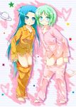  :o barefoot blue_eyes blue_hair fang glasses green_hair hio_raichi kyou_ami! long_hair multiple_girls pajamas pajamas_pull porurin short_hair slit_pupils thighs tsuchie_roka very_long_hair 