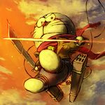  cable cloud cosplay doraemon doraemon_(character) dual_wielding holding ichinoniwa jacket jingle_bell mikasa_ackerman mikasa_ackerman_(cosplay) no_humans scarf serious shingeki_no_kyojin sky solo sword tail thigh_strap three-dimensional_maneuver_gear twilight weapon 