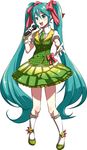  bow caffein full_body gloves green_eyes green_hair hair_bow hair_ribbon hatsune_miku highres kneehighs long_hair music necktie open_mouth outstretched_arm ribbon shoes singing skirt solo twintails very_long_hair vocaloid white_background 