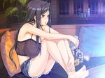  1girl alcohol bare_shoulders barefoot beer blue_hair blush breast_press breasts can classy_cranberry&#039;s classy_cranberry's cleavage couch feet game_cg happoubi_jin highres huge_breasts legs long_hair oze_kyouka pillow purple_eyes short_shorts shorts sitting sofa soles solo thighs toes 