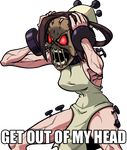  bare_legs binarypen black_nails breasts brown_hair cuffs dress hair_rings hat mask medium_breasts meme nail nail_polish open_mouth painwheel_(skullgirls) red_eyes shackles side_slit sideboob skullgirls solo transparent_background veins 