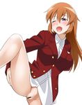  blue_eyes blush bottomless breasts censored charlotte_e_yeager large_breasts leg_up long_hair military military_uniform one_eye_closed open_mouth orange_hair smile solo spread_legs strike_witches uniform world_witches_series youkan 