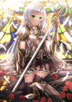  armor armored_dress black_legwear breastplate emilia_justina feathers flower gauntlets greaves green_eyes hataraku_maou-sama! highres long_hair parted_lips pauldrons red_flower red_rose rose silver_hair sitting skirt solo stained_glass sword swordsouls thighhighs weapon yokozuwari yusa_emi 