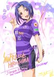  ahoge ball blue_hair blush breasts confetti dated highres idolmaster idolmaster_(classic) inoue_sora j._league japan large_breasts looking_at_viewer miura_azusa pink_eyes sanfrecce_hiroshima short_hair shorts signature smile soccer soccer_ball soccer_uniform solo sportswear 