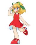  :d bare_shoulders blonde_hair blue_eyes dress firstw1 full_body hair_ribbon open_mouth ponytail red_skirt ribbon rockman rockman_(classic) roll salute shoes skirt sleeveless smile solo teeth two-finger_salute white_background 
