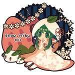  2013 green_eyes green_hair hatsune_miku japanese_clothes kimono leaf lowres open_mouth snow_bunny snowflakes solo syamo uchikake vocaloid yuki_miku 