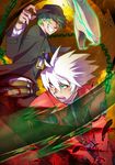  belt blazblue chain feathers fedora fingerless_gloves formal gloves green_eyes green_hair grin hat hazama hesocha heterochromia jacket multiple_boys necktie open_mouth ragna_the_bloodedge red_eyes silver_hair sky smile suit sword weapon yellow_eyes 