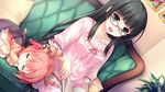  16:9 2girls black_hair blush book breasts eyes_closed game_cg glasses green_eyes guardian_place guardian_place:_do_s_na_imouto_to_3-nin_no_yome happy highres horn long_hair looking_at_viewer multiple_girls open_mouth pajamas pillow plant reading shakara_(guardian_place) sitting sleeping smile suminoin_ouka tsurugi_hagane wings 