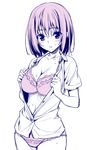  blush bra breasts collarbone dress_shirt large_breasts monochrome open_clothes open_shirt original oryou panties shirt short_hair sketch solo underwear 