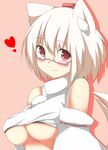  animal_ears bare_shoulders bespectacled blush breasts detached_sleeves glasses hat heart highres inubashiri_momiji large_breasts looking_at_viewer midriff mii_(makosuke) no_bra pink_background pink_eyes shirt shirt_lift short_hair silver_hair simple_background smile solo tail tokin_hat touhou underboob upper_body wolf_ears wolf_tail 
