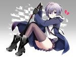  arisaka_ako bad_id bad_pixiv_id black_gloves blue_hair boots broken_heart coat fingerless_gloves fur_trim gloves grey_legwear hood hood_down katana necktie original panties parka pleated_skirt purple_eyes sheath sheathed short_hair sitting skirt solo sword thighhighs underwear weapon 