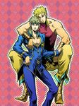  blonde_hair blue_eyes bonce dio_brando father_and_son giorno_giovanna higashikata_jousuke jojo_no_kimyou_na_bouken multiple_boys pointy_shoes red_eyes shoes 