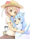  aikei_ake animal_ears blue_eyes blue_hair blush brown_eyes cat_ears cat_tail dress flower hat hat_flower height_difference lavender_hair long_hair lowres multiple_girls open_mouth original short_hair skirt suitcase tail 