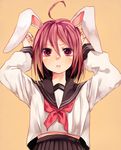  ahoge animal_ears arms_up bunny_ears highres original pink_hair red_eyes school_uniform serafuku short_hair skirt solo wakatsuki_you 
