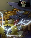  cape digimon digimon_adventure electricity gloves glowing glowing_eyes green_eyes hair_over_one_eye hat long_hair low-tied_long_hair masa_(ww5320) md5_mismatch no_humans pointy_ears red_eyes skull solo staff wizard_hat wizarmon zipper 